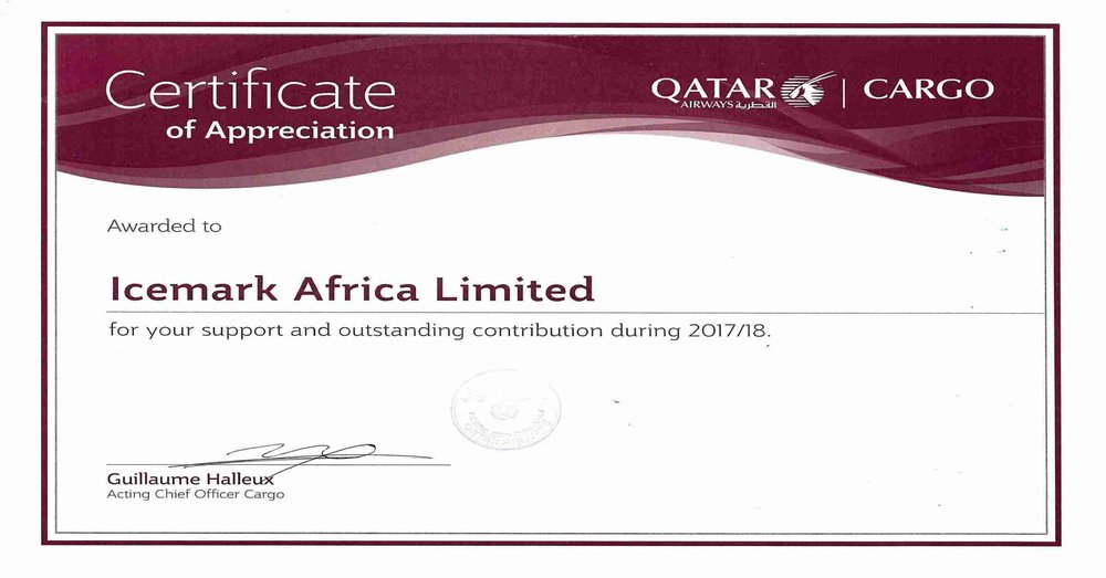 2015 Qatar Airways Cargo recognition for Icemark Africa Ltd’s continued support to Uganda export cargo operations