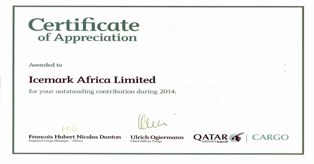 2014 Qatar Airways Cargo Certificate of Appreciation recognising Icemark Africa Ltd’s contribution to Uganda fresh produce export logistics