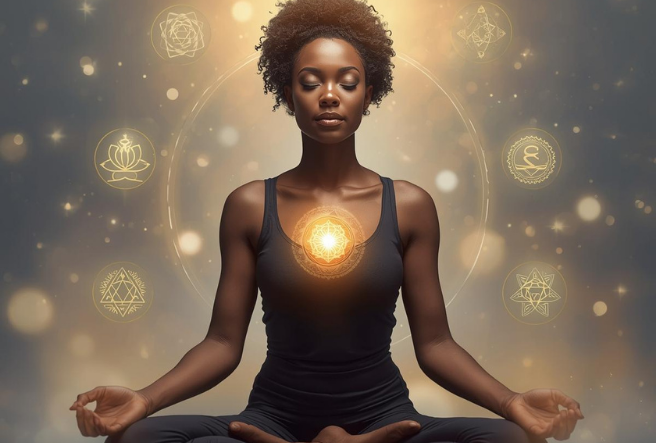 A woman meditating with a glowing heart chakra, surrounded by floating symbols of ancient wisdom (lotus, sacred geometry, soft light).