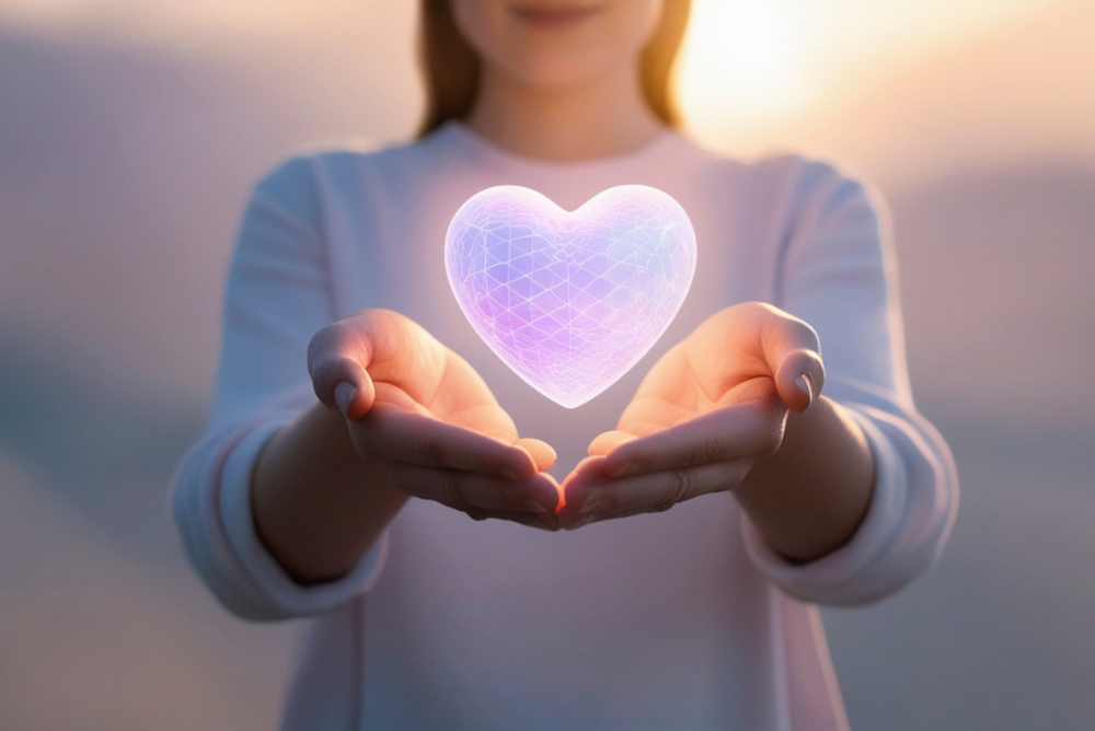 A person sitting with eyes closed, hand on heart, surrounded by trees glowing subtly.