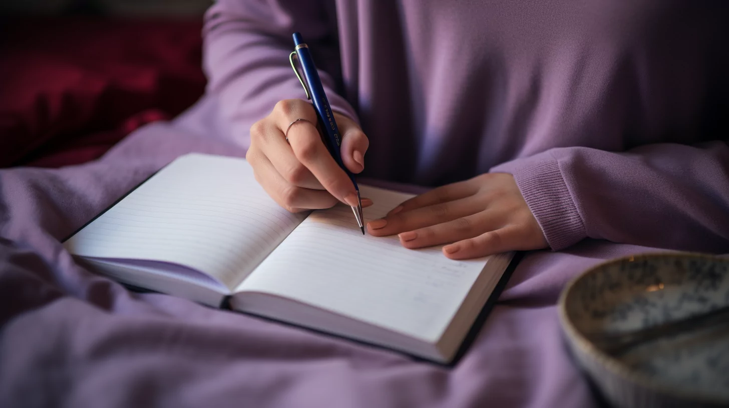 woman in purple writing affirmations in a notebook.