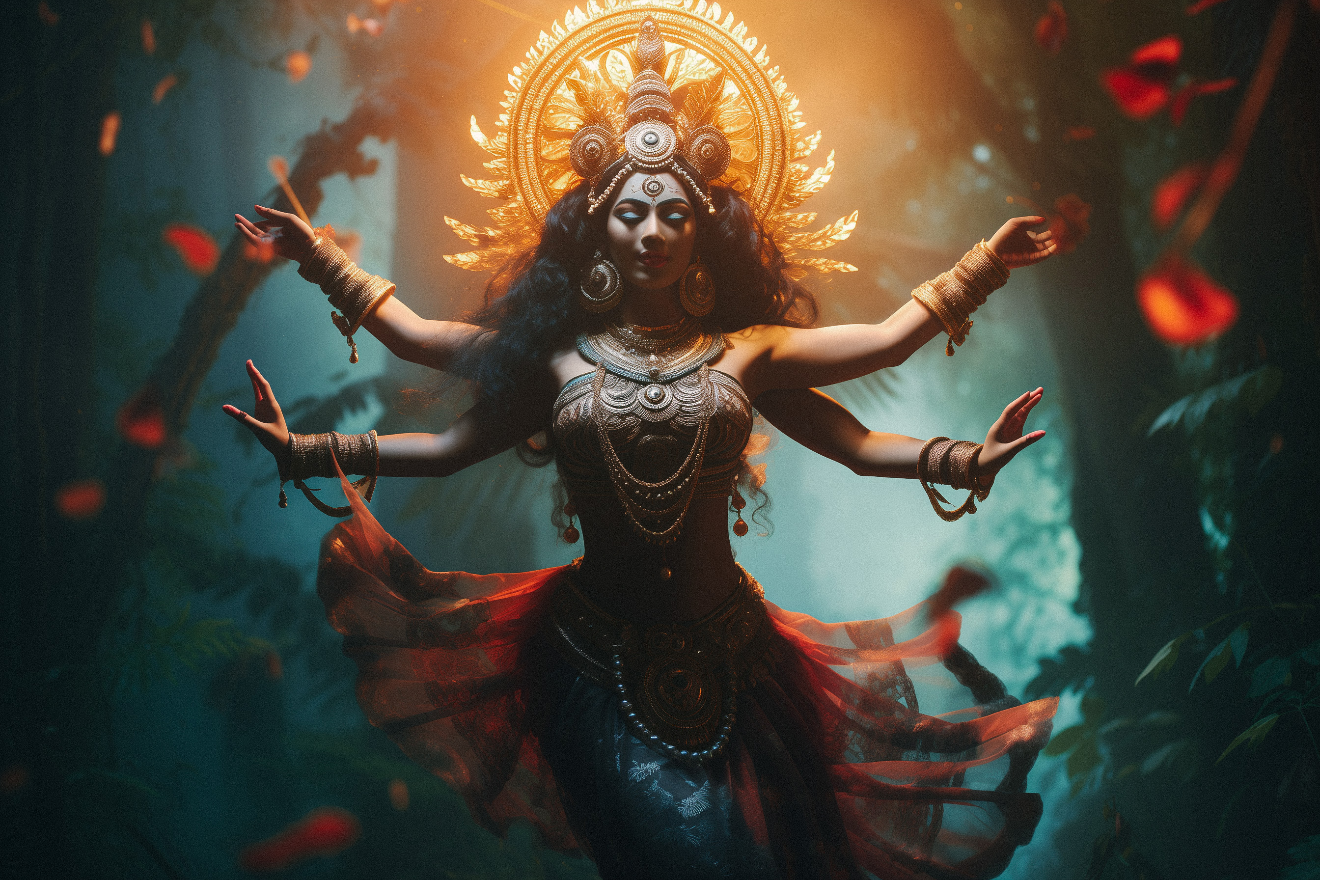 A striking image of the Hindu goddess Kali, depicted with multiple arms and adorned in elaborate jewelry and a glowing headdress, surrounded by a mystical forest with falling petals, symbolizing her power of destruction and rebirth.