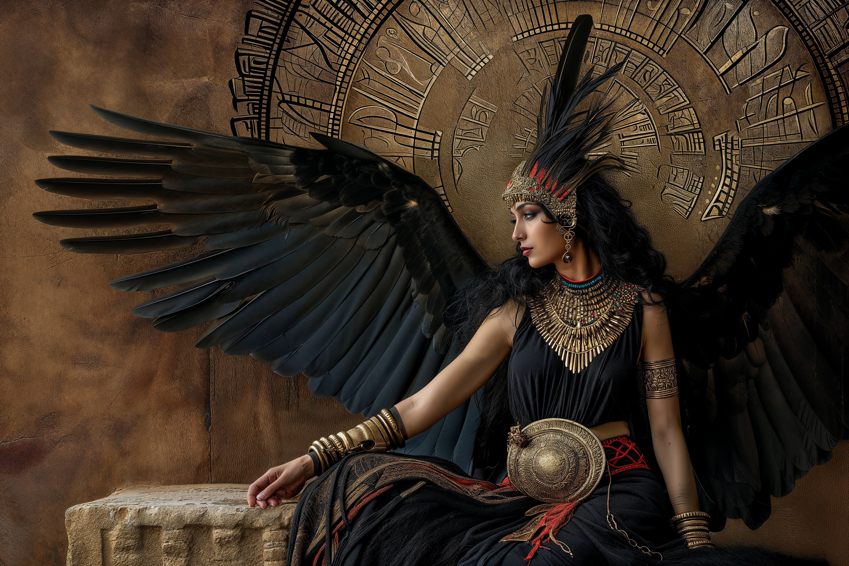 A regal image of the Egyptian goddess Isis, sitting with large black wings spread behind her, dressed in black and gold attire with intricate accessories, against a background of ancient hieroglyphs, representing her magic and healing abilities.