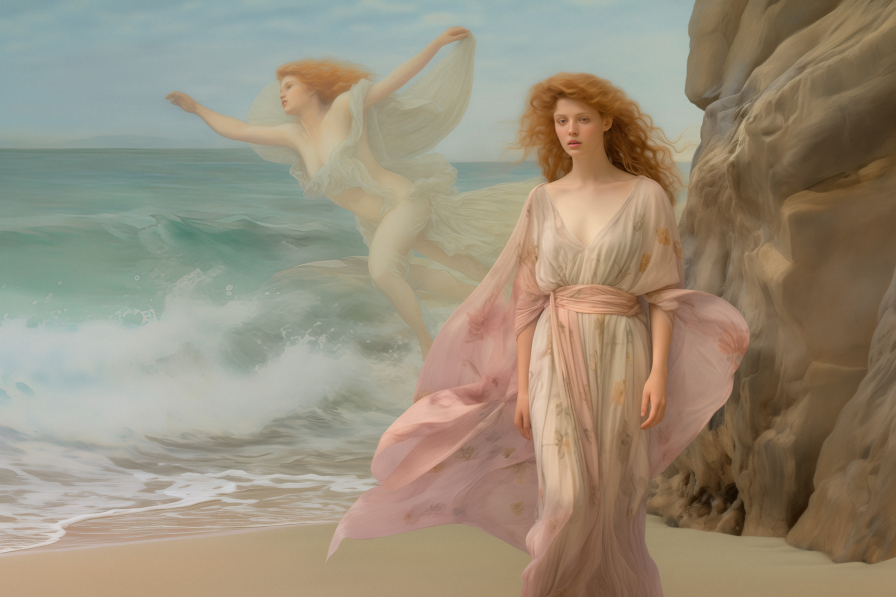 A serene image of the Greek goddess Aphrodite standing by the ocean, with flowing red hair and dressed in a pale pink gown. In the background, a faint figure of Aphrodite is seen leaping gracefully over the waves, symbolizing love and beauty.