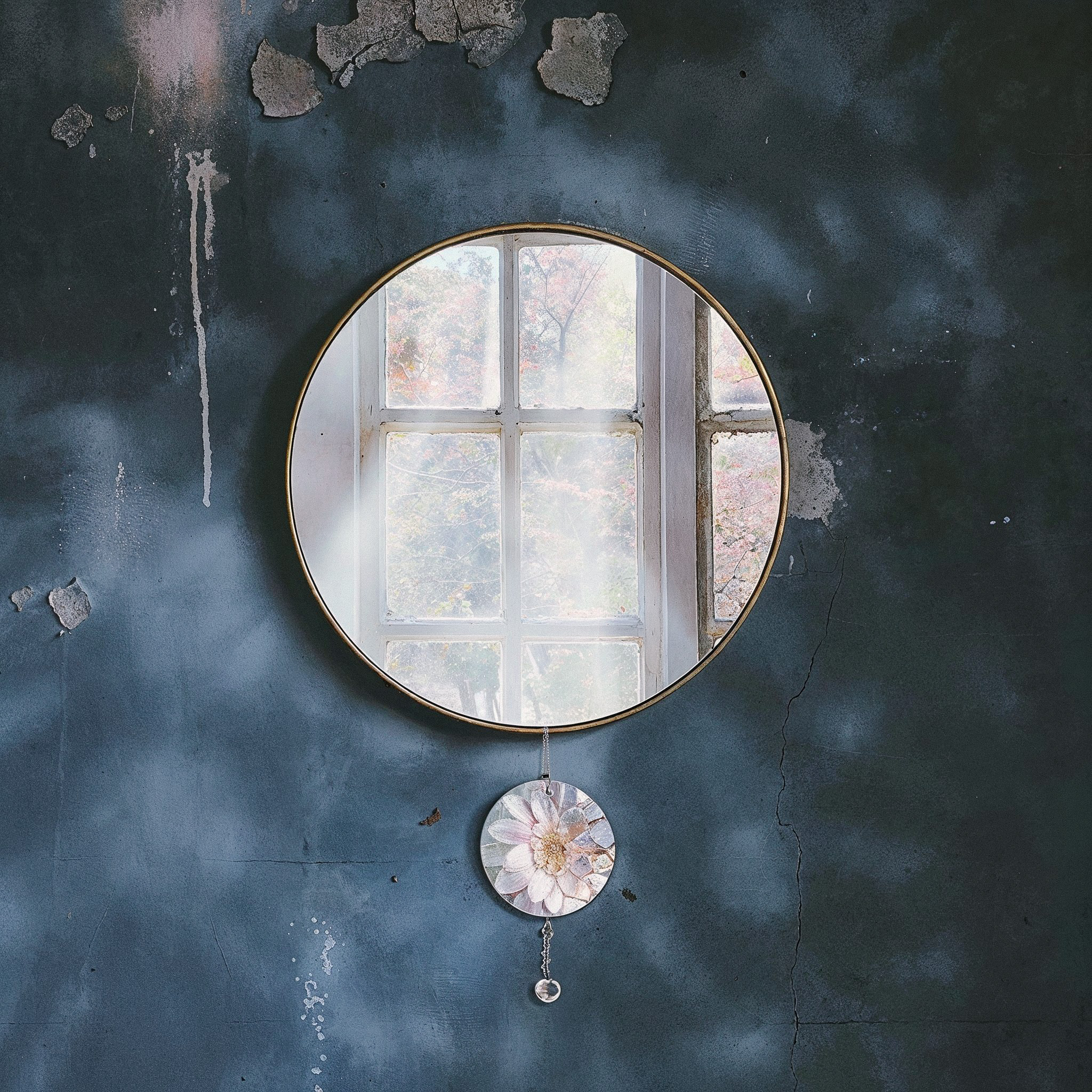 A round mirror with a gold frame hanging on a textured, weathered wall. The mirror reflects a sunlit window with a view of trees outside, creating a serene and rustic atmosphere. Below the mirror hangs a decorative crystal with a flower design.