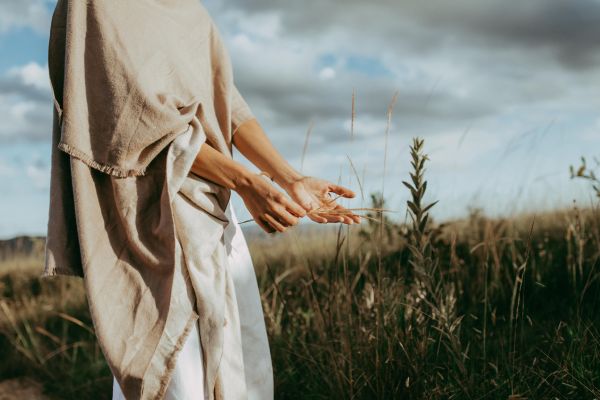 Close-up of a person's hands gently touching and gathering blades of tall grass in a field, symbolizing connection to nature.