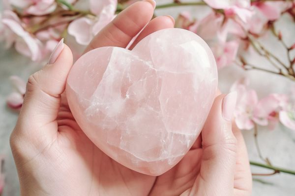 Two hands gently hold a smooth, polished pink rose quartz crystal in the shape of a heart, with soft pink flowers in the background.