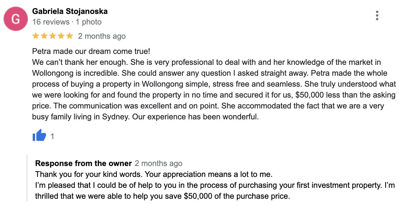 Gabriela Google Review. testimonial for Heims Property Buyers 