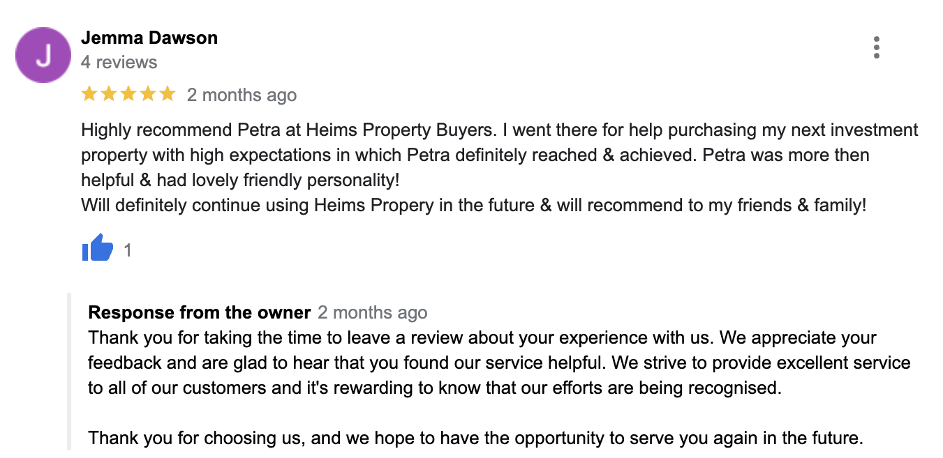 Jemma Google Review. Testimonial for Heims Property Buyers 