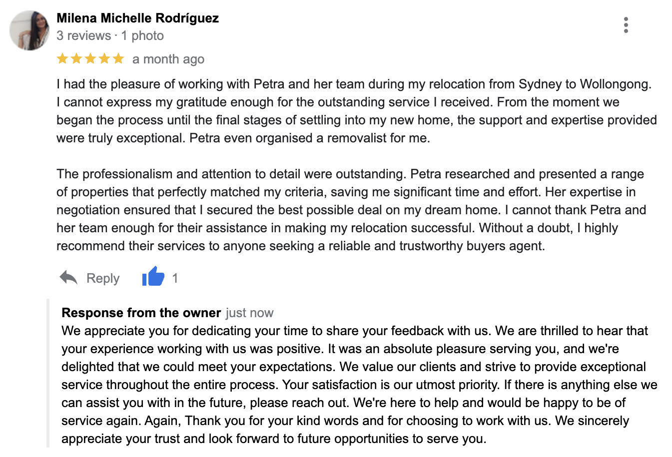Michelle Google Review. Testimonial for Heims Property Buyers who bought her new home in Wollongong