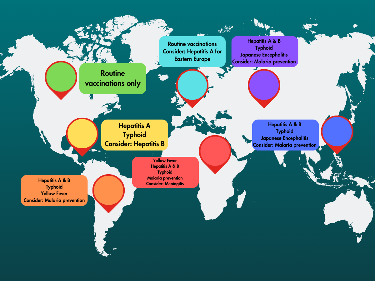 a world map showing a required vaccination for different regions in the world. vaccination travel and travel consultation in Burnaby Vancouver Canada a world map showing a required vaccination for different regions in the world. vaccination travel and travel consultation in Burnaby Vancouver Canada