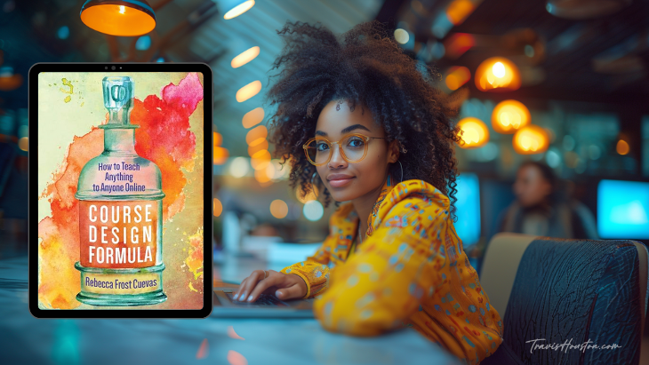 Woman working on her online course after reading the Course Design Formula book Woman working on her online course after reading the Course Design Formula book