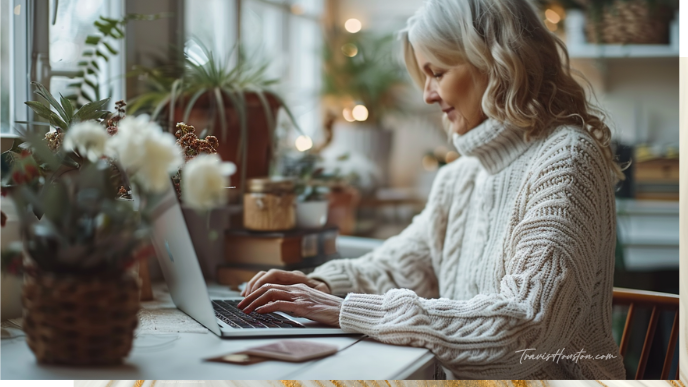 Woman typing on her computer and creating content surrounded by flowers Woman typing on her computer and creating content surrounded by flowers
