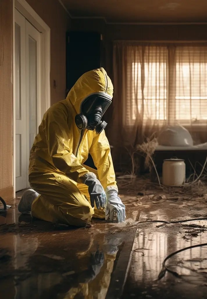 a person in a hazmat suit cleaning the floor