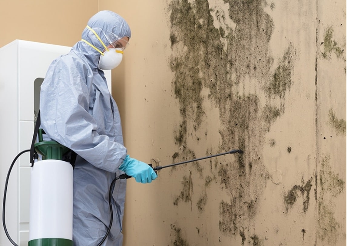 a person in a hazmat suit spraying a wall