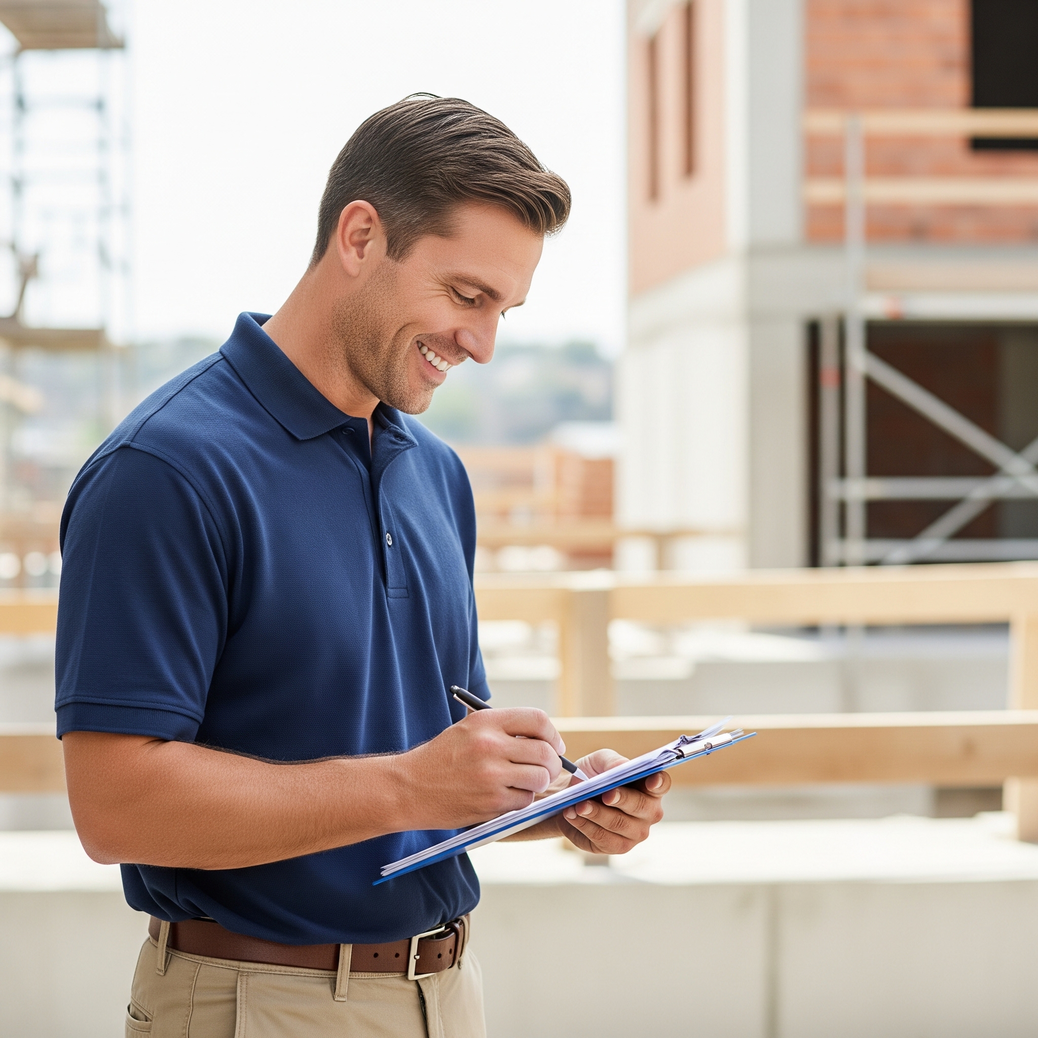 Happy contractor looking at tablet