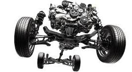 Front view of Subaru's Symmetrical All-Wheel Drive (AWD) system components, including transmission, differential, and axles, demonstrating balanced power distribution to all four wheels for optimal traction and stability.