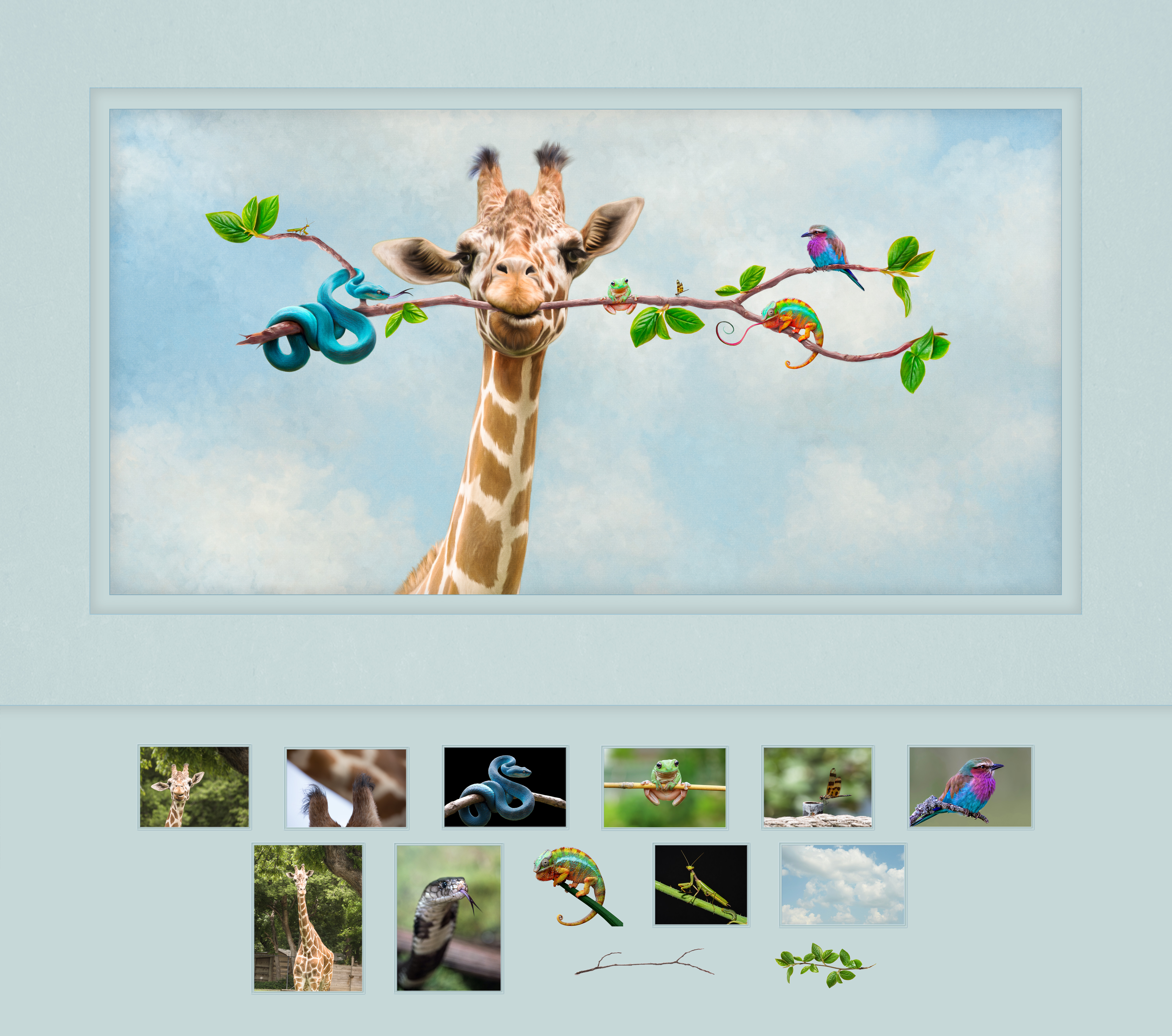 Finished image of a giraffe with a stick carrying 6 creatures on it like a jungle uber