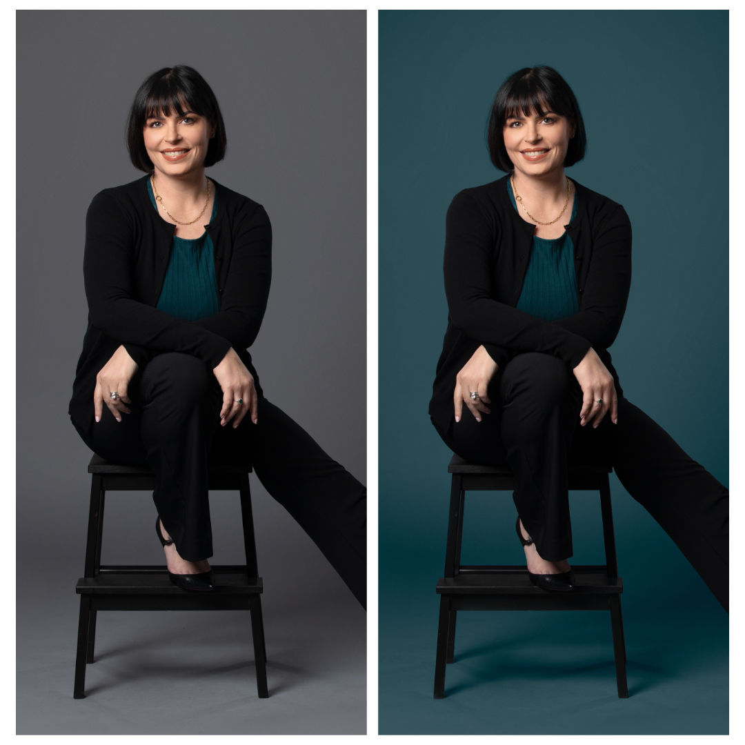 Side by Side comparison of an original headshot with one where the background has been changed to match the wardrobe.