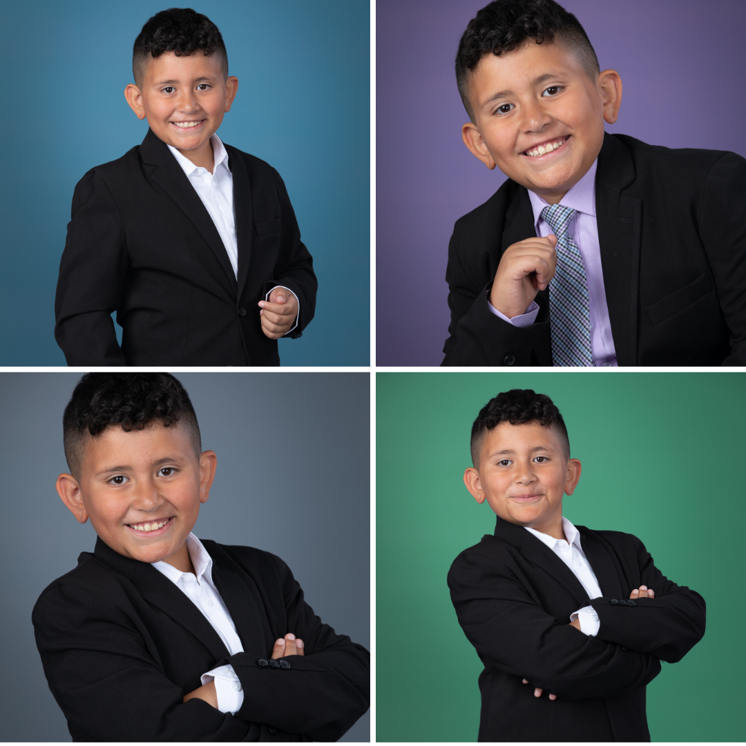 2x2 square with 4 versions of a child actor headshot with different background colors