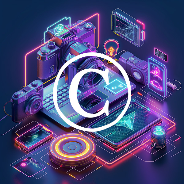 Cameras computers tablets and cell phones depicted in neon colors overlaid with the copyright symbol Cameras computers tablets and cell phones depicted in neon colors overlaid with the copyright symbol