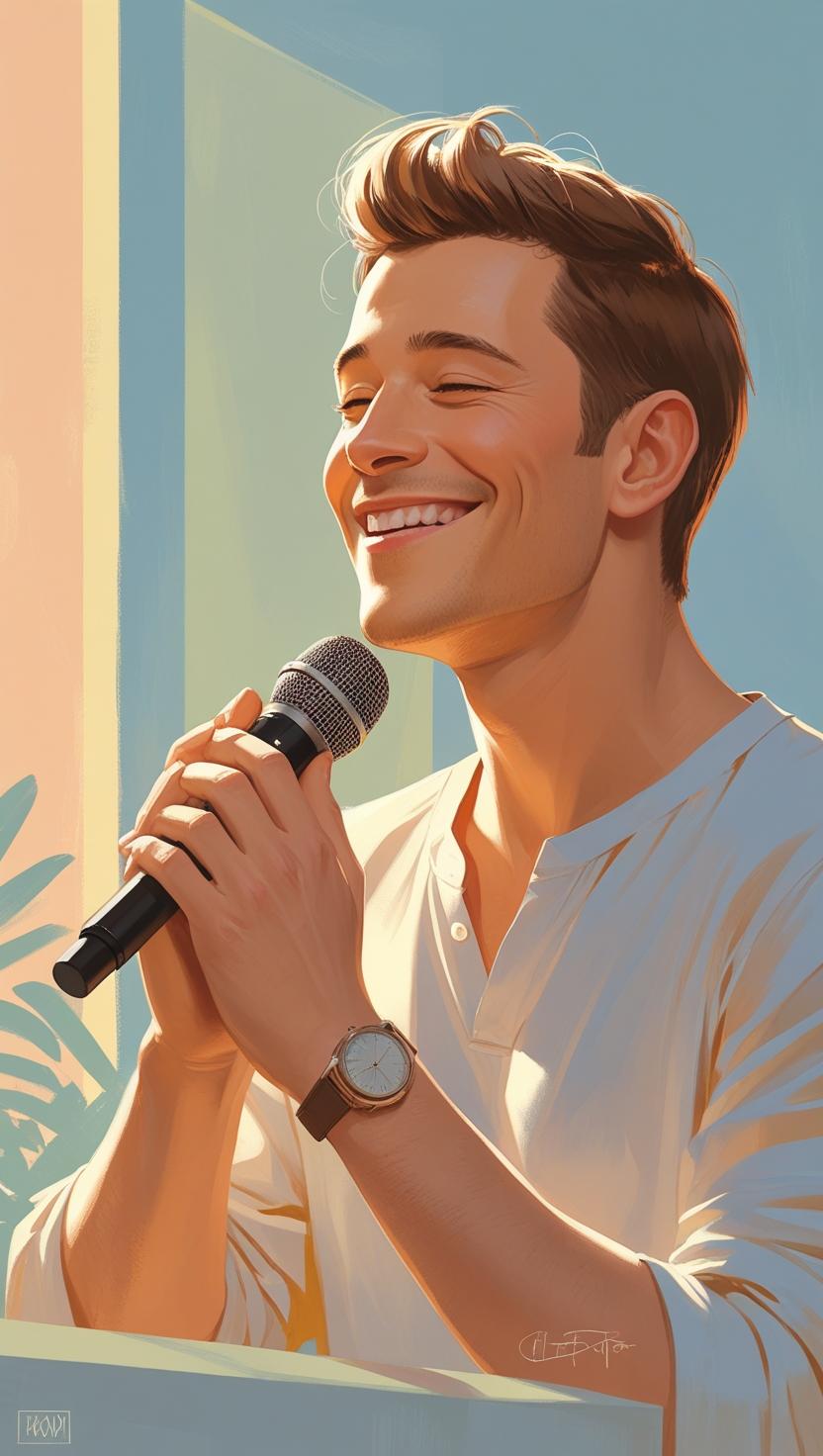 Illustrated man smiling with eyes closed while holding a microphone, bathed in soft morning light—capturing a heartfelt moment of joy, peace, and soulful expression. Illustrated man smiling with eyes closed while holding a microphone, bathed in soft morning light—capturing a heartfelt moment of joy, peace, and soulful expression.