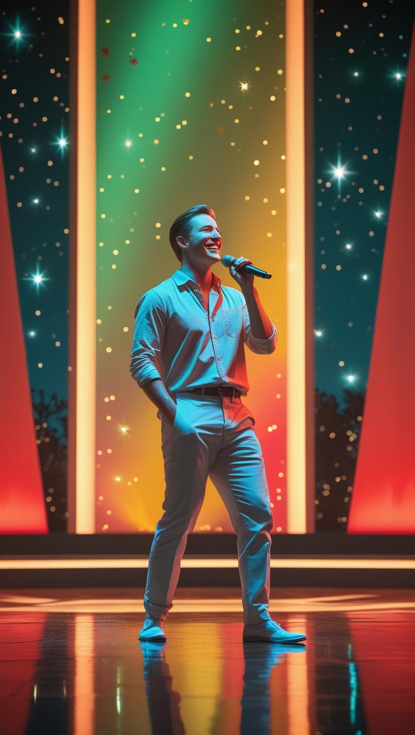 Confident man in a relaxed pose singing on a vibrant stage, holding a microphone, smiling under colorful lights and starry sky backdrop—radiating warmth and joy. Confident man in a relaxed pose singing on a vibrant stage, holding a microphone, smiling under colorful lights and starry sky backdrop—radiating warmth and joy.