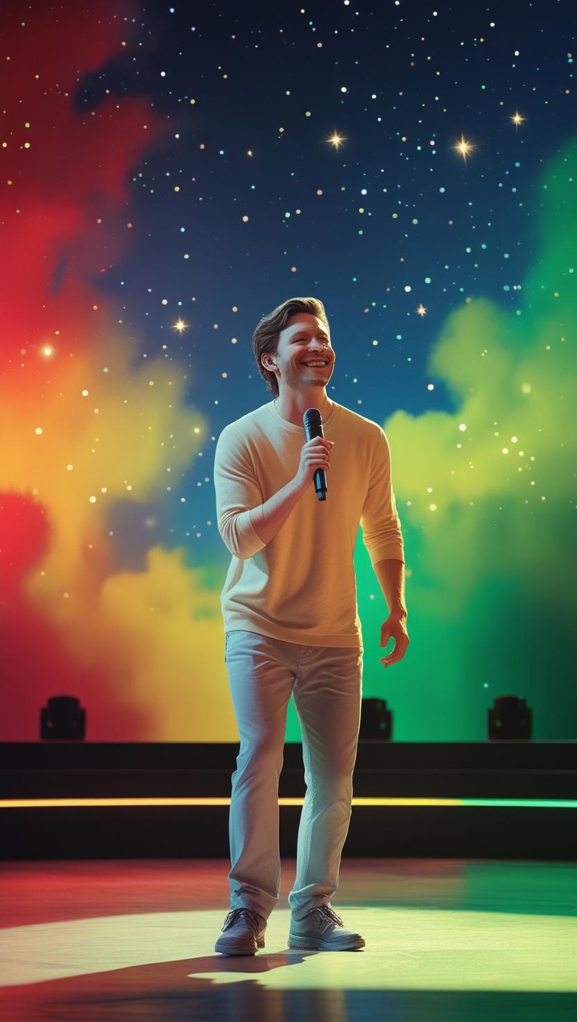 Smiling man in a light sweater holding a microphone on stage, surrounded by a dreamy, colorful night sky with stars—radiating joy, warmth, and a sense of wonder. Smiling man in a light sweater holding a microphone on stage, surrounded by a dreamy, colorful night sky with stars—radiating joy, warmth, and a sense of wonder.