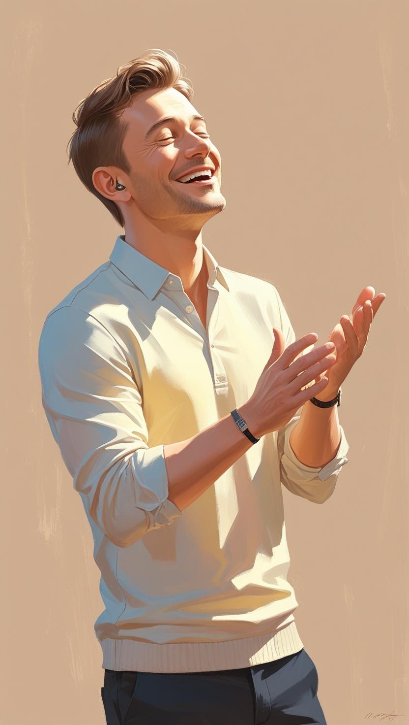 Smiling man in a light shirt joyfully clapping his hands, eyes closed in laughter, glowing in soft sunlight—capturing a heartfelt moment of pure happiness and connection. Smiling man in a light shirt joyfully clapping his hands, eyes closed in laughter, glowing in soft sunlight—capturing a heartfelt moment of pure happiness and connection.