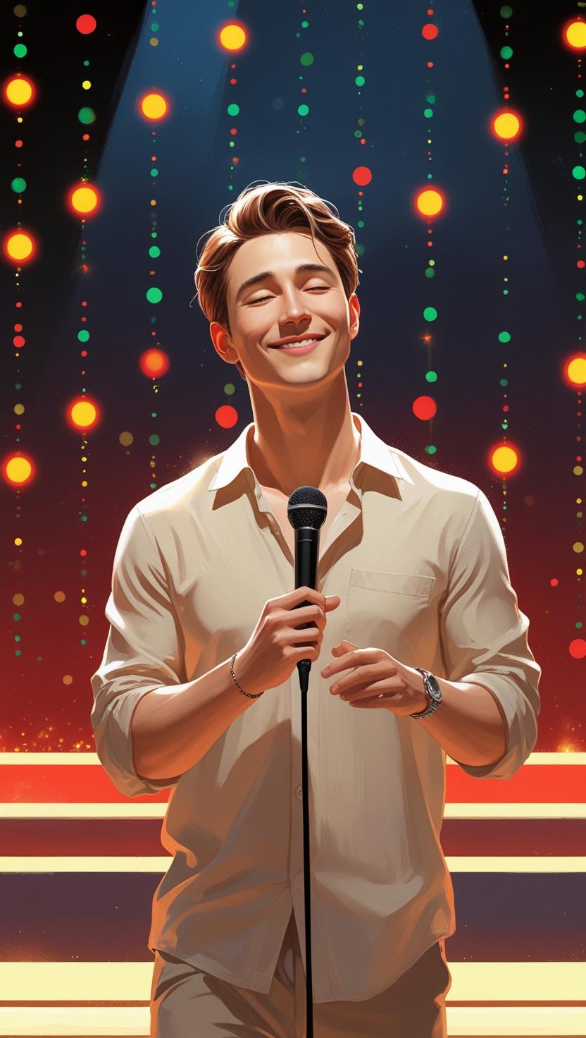 Smiling man in a light shirt holding a microphone on a festive stage with glowing red, green, and yellow lights—capturing a joyful, soulful moment of musical expression. Smiling man in a light shirt holding a microphone on a festive stage with glowing red, green, and yellow lights—capturing a joyful, soulful moment of musical expression.