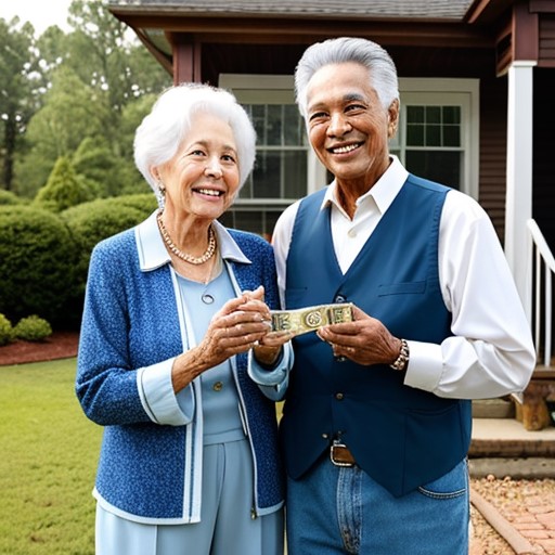 An older couple proudly standing in front of their house, displaying a check they received for the surplus funds with the help of Home Prevail