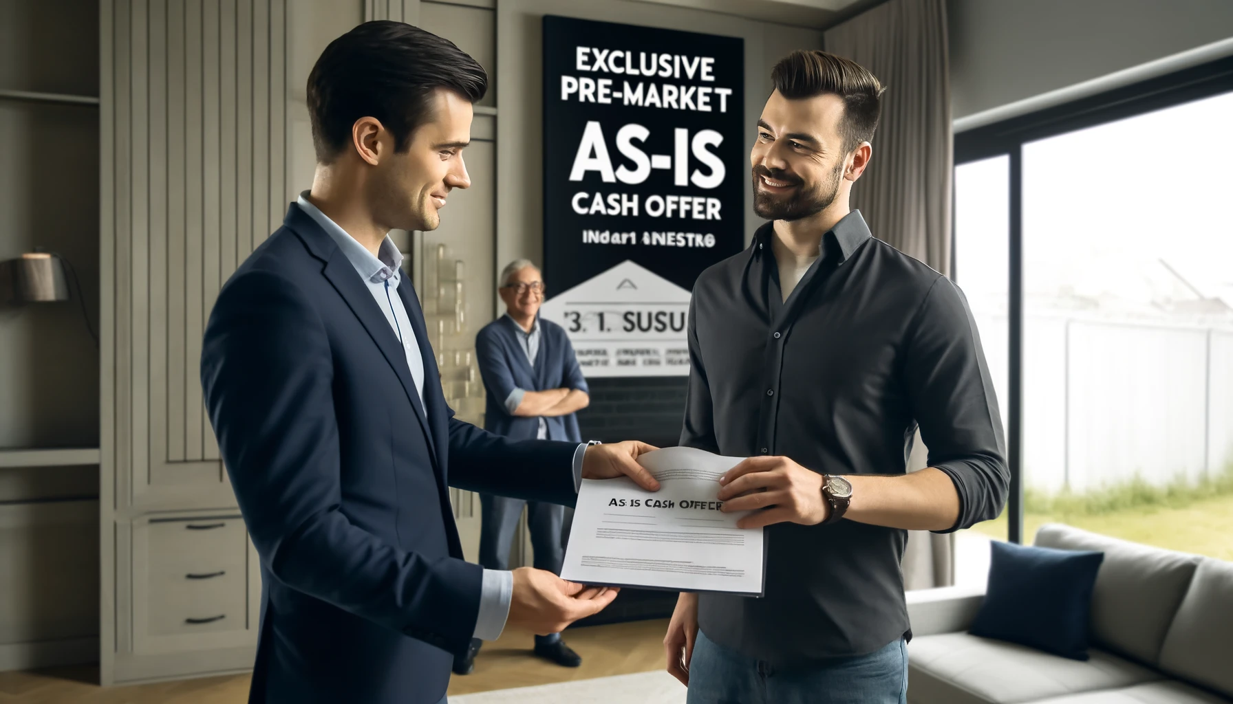 A 16:9 ratio image showing a real estate agent presenting an AS-IS cash offer to a homeowner in a modern home setting. The agent is holding a document, and the homeowner looks pleased. In the background, there's a banner or sign that reads 'Exclusive Pre-Market Preview'. The setting is professional, with tasteful decor, suggesting a successful and smooth transaction. The atmosphere is friendly and professional, emphasizing the benefits of pre-market previews and cash offers.