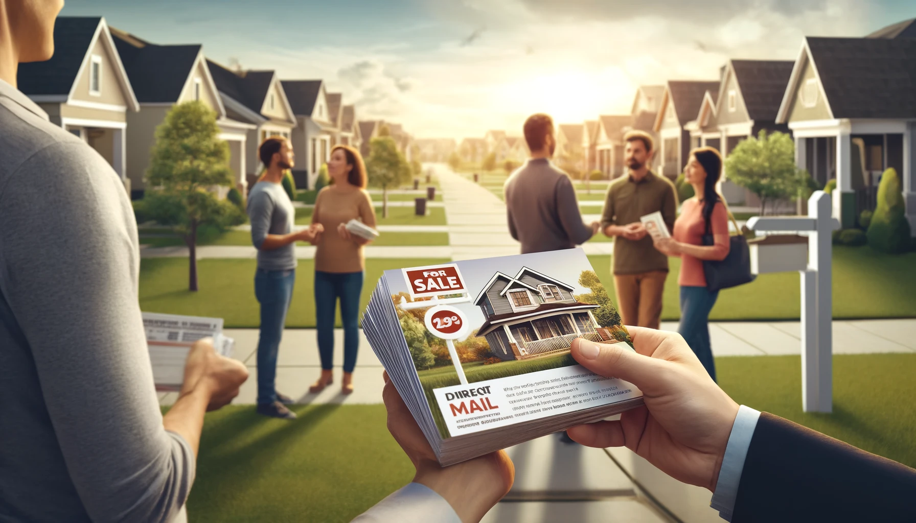 A 16:9 ratio image showing a real estate agent handing out postcards to a group of neighbors in a community setting. The postcards have images of a house for sale and key information. The background includes a neighborhood scene with houses, trees, and a clear sky. Neighbors are engaged in conversation, creating a warm and friendly atmosphere. The image emphasizes the importance of neighborhood engagement and direct mail campaigns in real estate marketing.