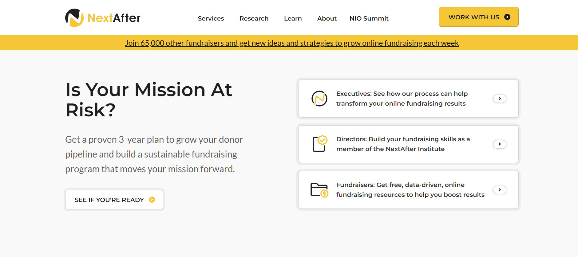 NextAfter homepage screenshot showcasing its nonprofit digital marketing and fundraising services with a strategic approach to donor engagement. NextAfter homepage screenshot showcasing its nonprofit digital marketing and fundraising services with a strategic approach to donor engagement.