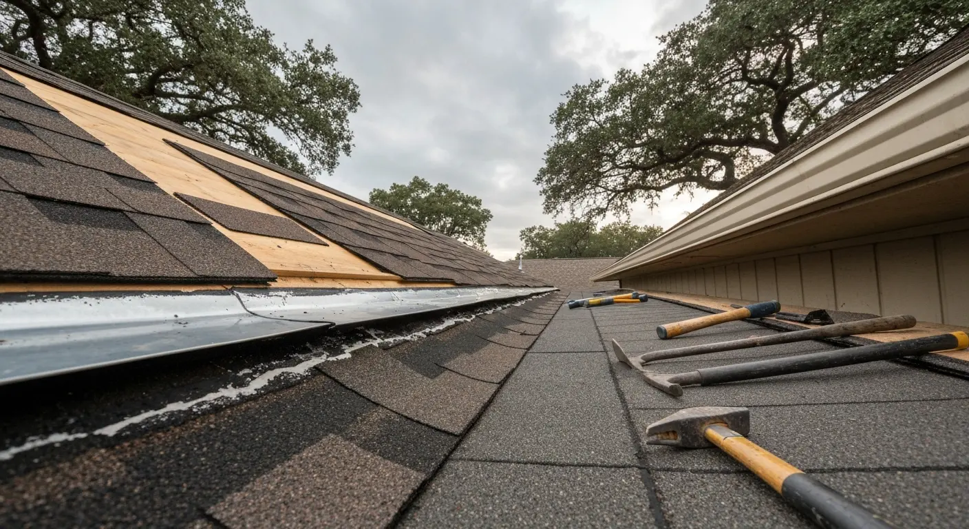 Roof leak repair in progress