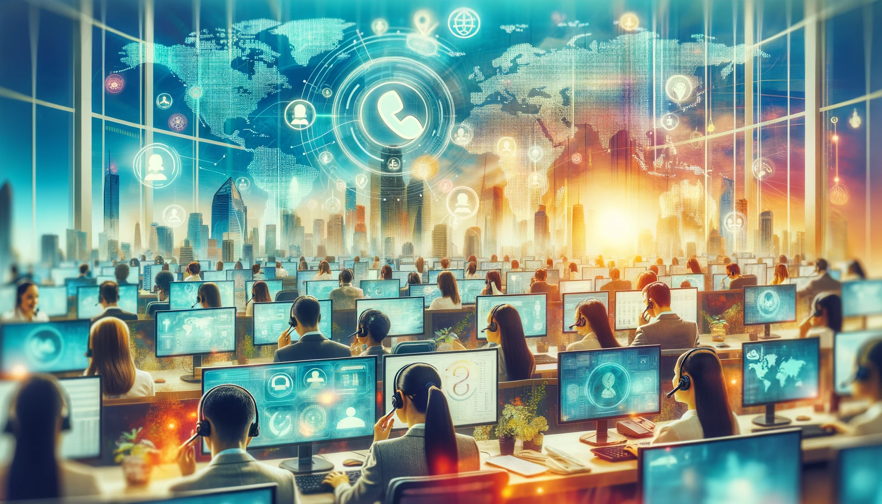 Photo composition for a blog post titled 'Unlocking Potential: The Blossoming BPO Sector in the Philippines Amidst a Global Crisis'. Depict a vibrant and technologically advanced office environment filled with diverse Filipino professionals engaged in various business process outsourcing (BPO) activities. Incorporate elements such as headsets, computers, and global connectivity icons to emphasize the BPO industry. Overlay the image with a transparent world map, signifying the global impact of the sector. Utilize a dynamic color palette with shades of blue, green, and orange to represent growth, technology, and optimism.