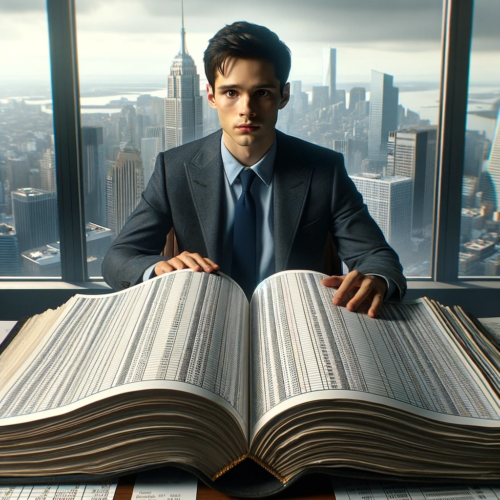 Photo of an overburdened young bookkeeper named Alex, with medium skin tone and short dark hair, sitting in a modern office with a large, thick ledger open in front of them. The ledger is filled with complex charts and numbers. The background of the office reflects the cityscape of a fictional city named Opportunia, suggesting a busy environment. The photo conveys the feeling of the character being overwhelmed, yet determined to manage the financial tasks.