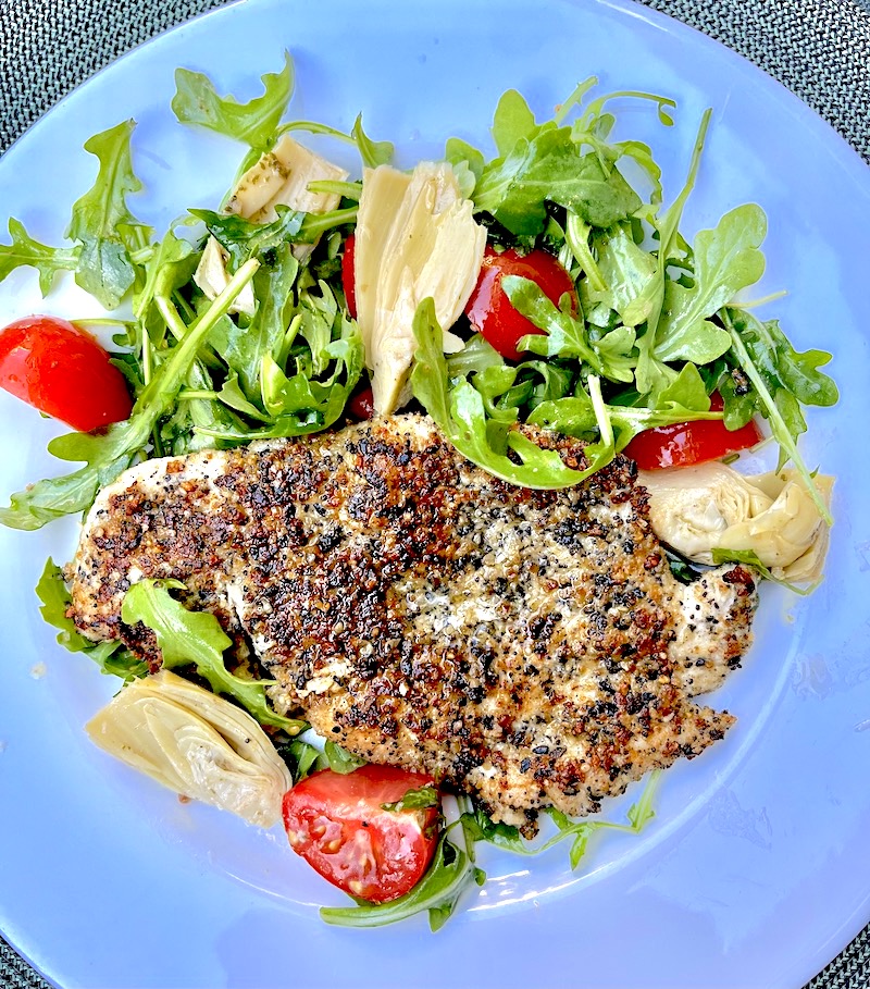 Seedy Chicken with Artichokes and Arugula