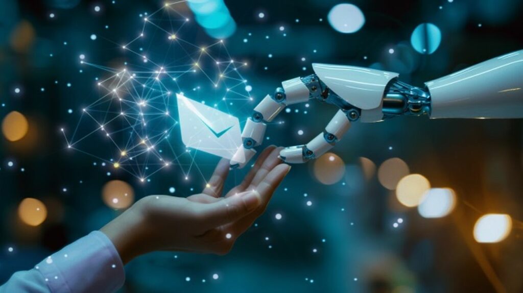 A robotic hand passing an email icon to a human hand, symbolising the personalisation of email outreach using AI technology, with a futuristic digital background A robotic hand passing an email icon to a human hand, symbolising the personalisation of email outreach using AI technology, with a futuristic digital background