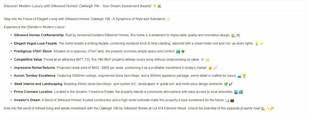 Description of modern luxury features of Silkwood Homes' Oakleigh 196, highlighting the transformation of a client's email outreach through personalised insights derived from call transcription Description of modern luxury features of Silkwood Homes' Oakleigh 196, highlighting the transformation of a client's email outreach through personalised insights derived from call transcription