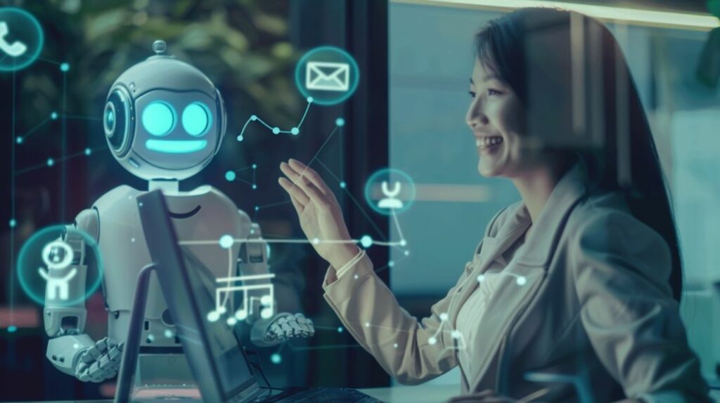 Professional interacting with a friendly AI robot, surrounded by digital icons representing email, user engagement, and automation, symbolising the automation of lead nurturing sequences with AI technology Professional interacting with a friendly AI robot, surrounded by digital icons representing email, user engagement, and automation, symbolising the automation of lead nurturing sequences with AI technology