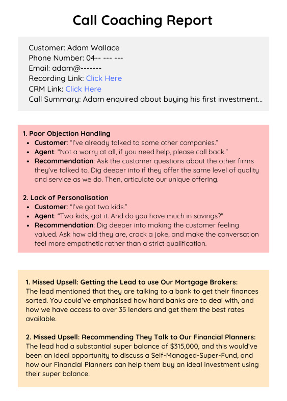 Call Coaching Report Call Coaching Report