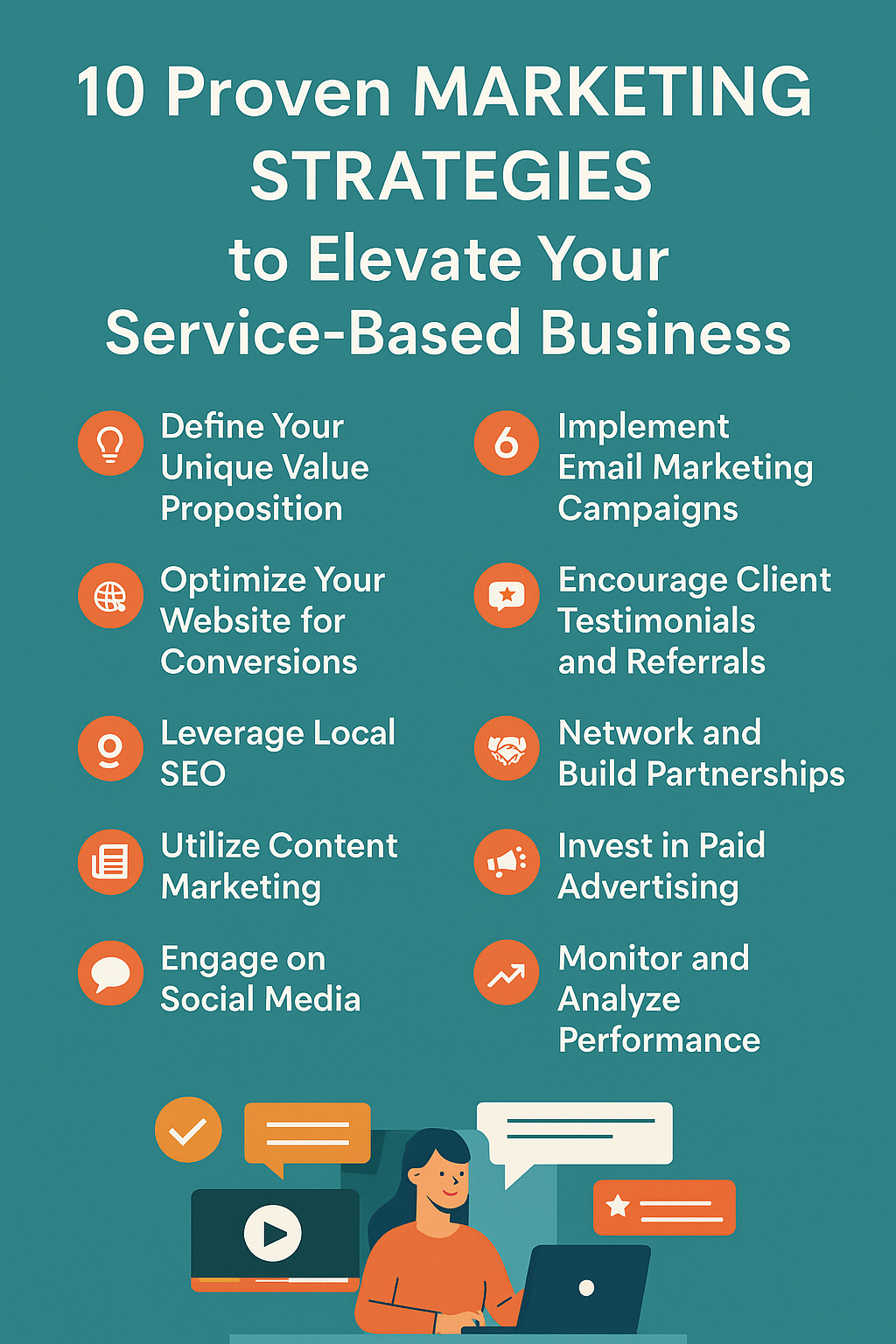 Infographic titled '10 Proven Marketing Strategies to Elevate Your Service-Based Business' showing ten actionable tips with icons, set against a teal background with modern white text and an illustration of a businesswoman working at a laptop. Infographic titled '10 Proven Marketing Strategies to Elevate Your Service-Based Business' showing ten actionable tips with icons, set against a teal background with modern white text and an illustration of a businesswoman working at a laptop.