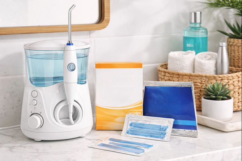 dental hygiene products on a marble bathroom countertop