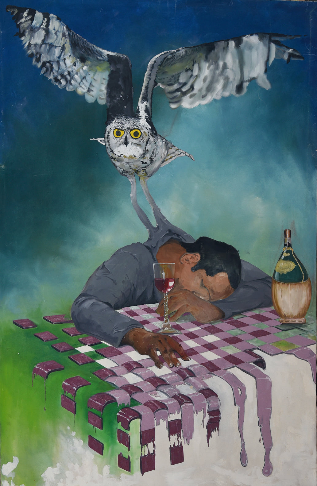 Surreal painting of drunk man with head on table pulled by flying owl, by Newman Jackson Surreal painting of drunk man with head on table pulled by flying owl, by Newman Jackson