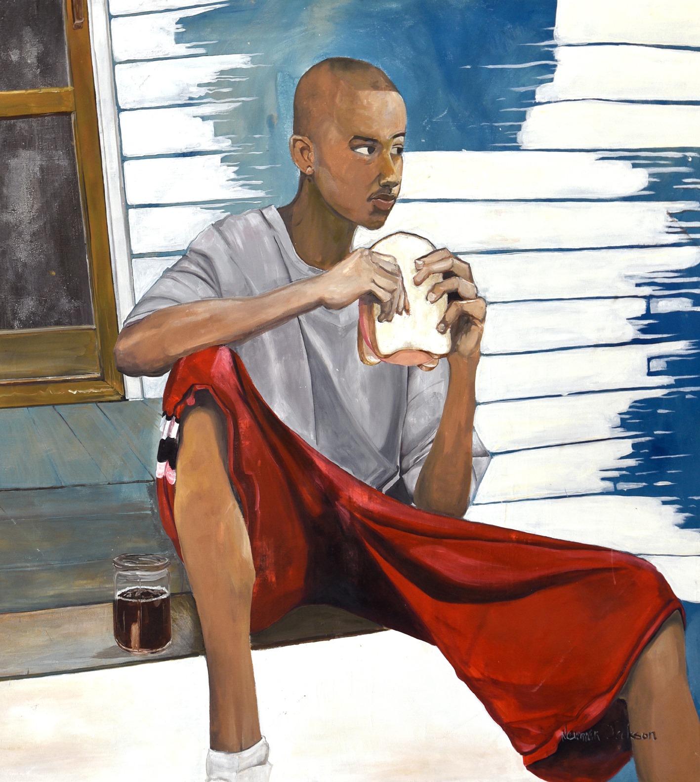 painting of boy on porch steps with bologna sandwich and Kool Aid in jelly jar painting of boy on porch steps with bologna sandwich and Kool Aid in jelly jar