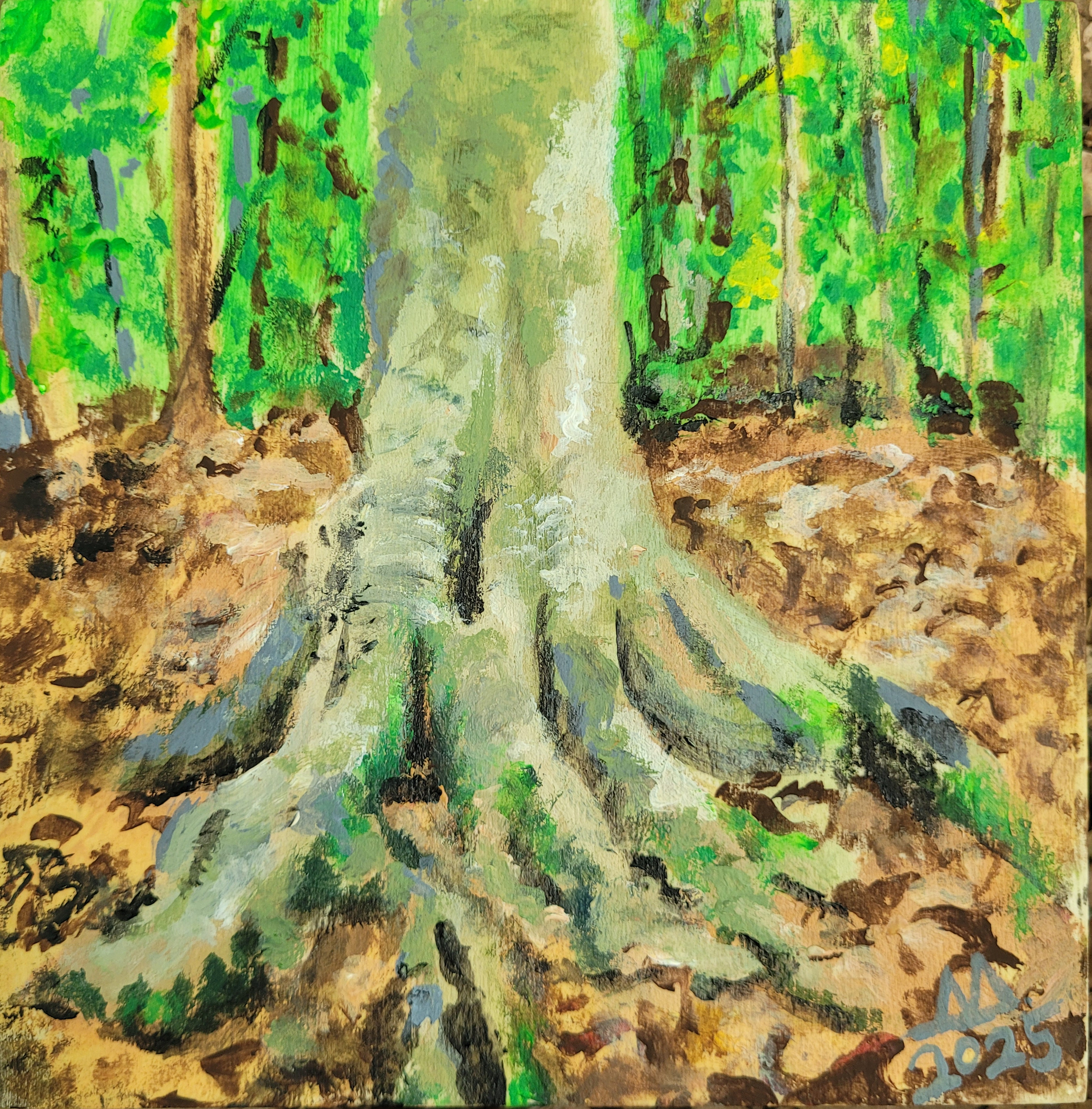 Birch Tree on the Oak Trail at Coonskin Park, 6x6 in. acrylic on panel  $60