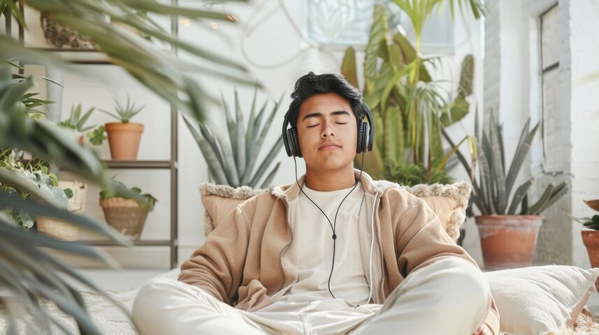 Individual meditating with headphones symbolizing the clearing of negative emotions. Individual meditating with headphones symbolizing the clearing of negative emotions.