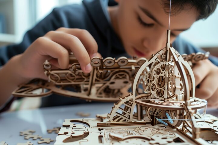 Young boy assembling a complex puzzle, indicating the development of systemizing skills. Young boy assembling a complex puzzle, indicating the development of systemizing skills.