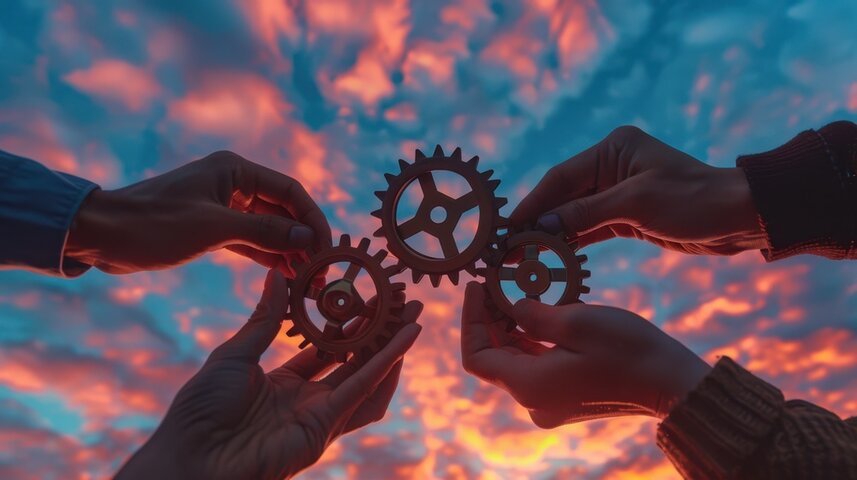 Hands holding 3 gears up to the sky, symbolizing awareness of synchronicity. Hands holding 3 gears up to the sky, symbolizing awareness of synchronicity.